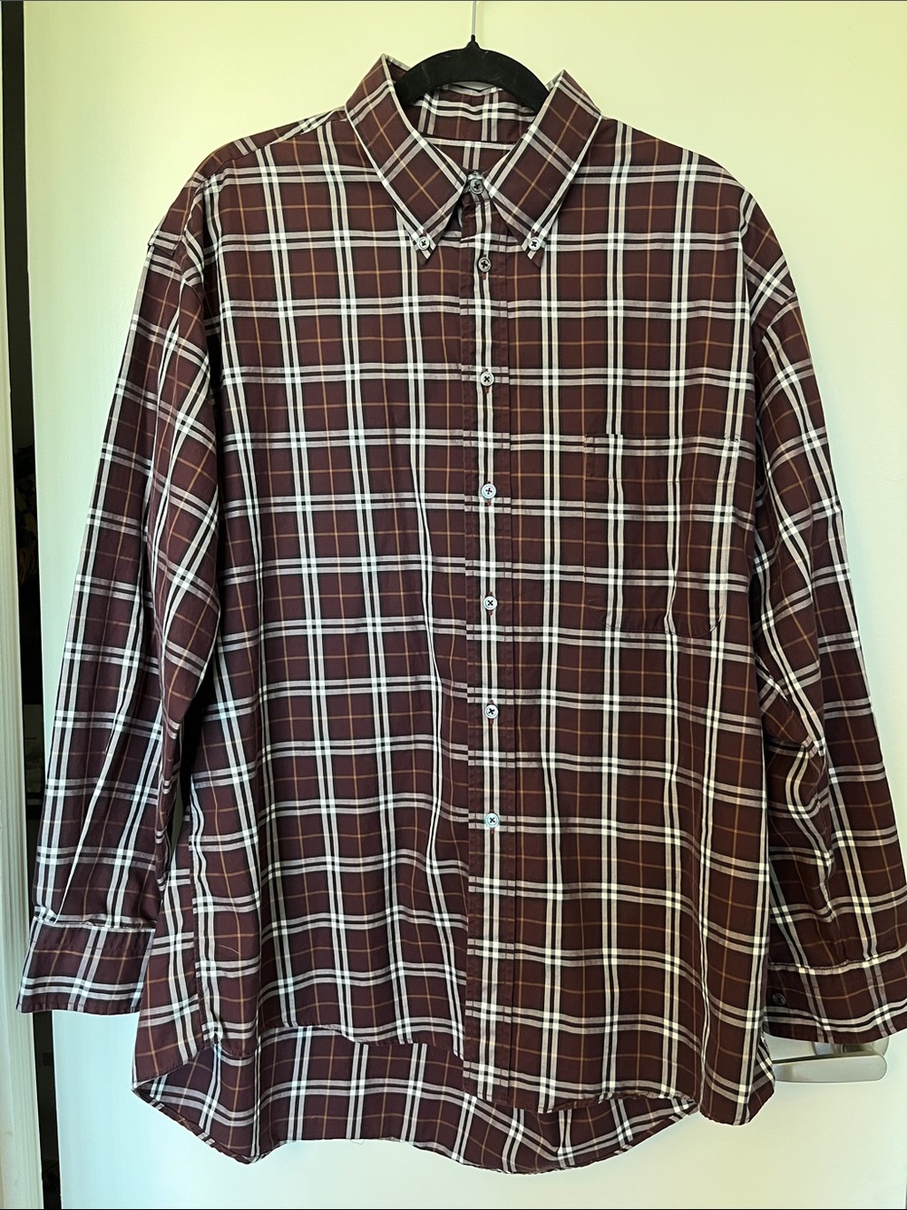 Burberry Men's Burgundy and White Plaid Button-Down Shirt